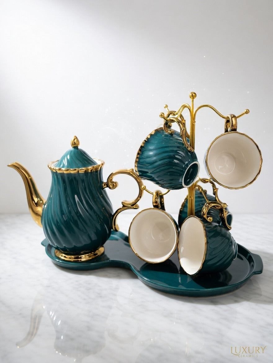 A39-15 Opulent Teal & Gold Swirl Porcelain Tea Set – 7-Piece with Tree Stand