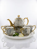A39-5 Luxury Marble-Effect White & Gold Porcelain Tea Set – 7-Piece with Tray