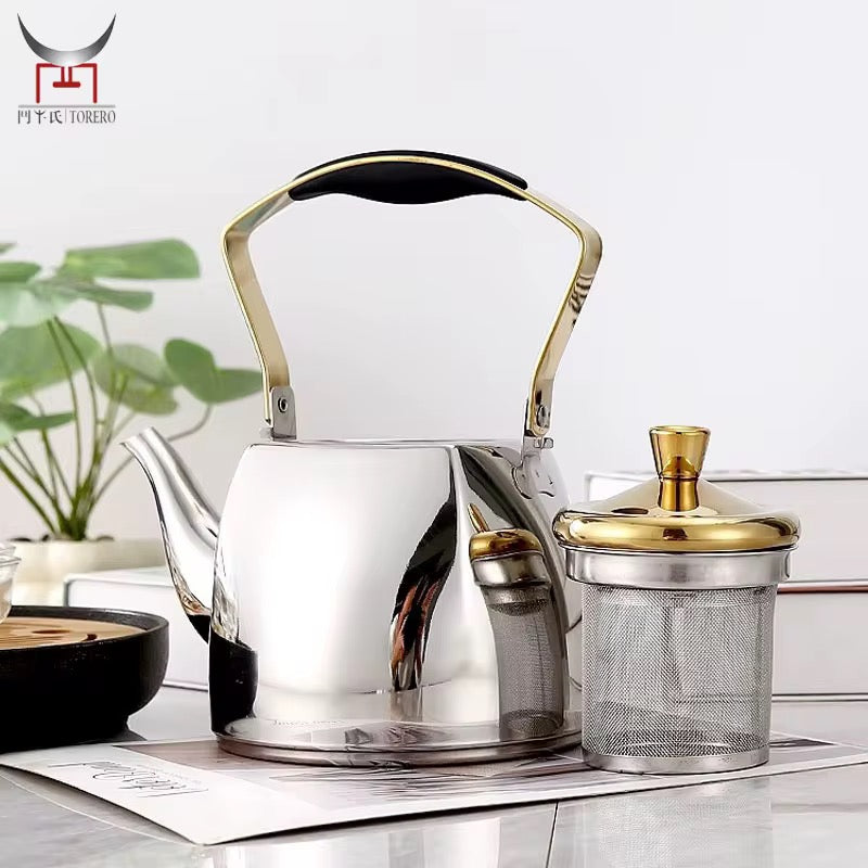 Stainless Steel Tea Kettle with Infuser – Gold or Chrome Finish with Gold Lid & Handle