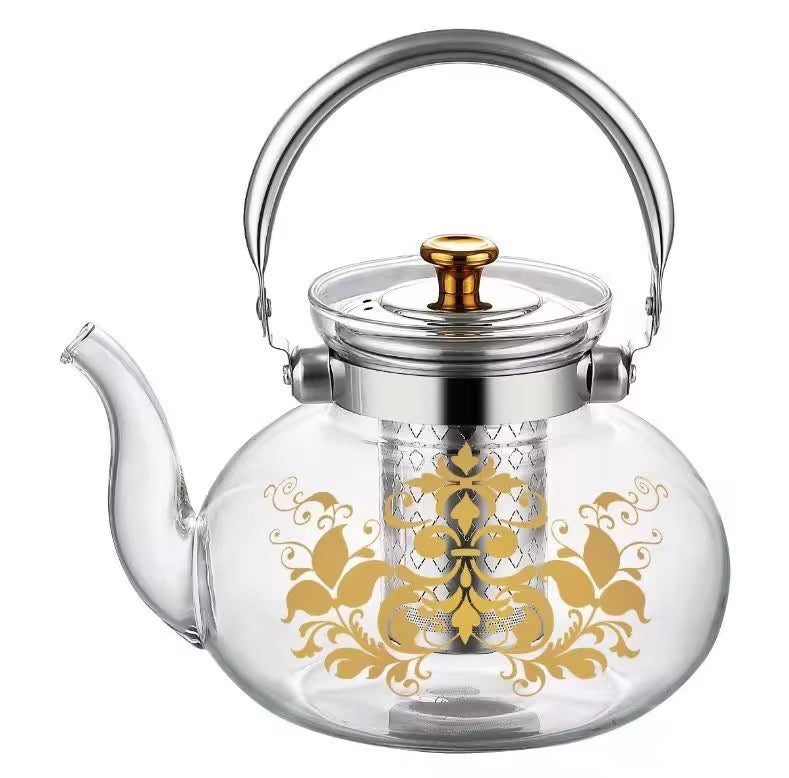 Heat Resistance Glass Teapot with Gold Floral Design & Stainless Steel Infuser