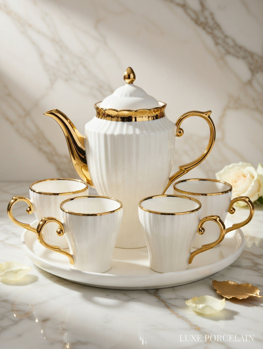 A43-3 Classic White & Gold Ribbed Porcelain Tea Set – 7-Piece Luxury Service