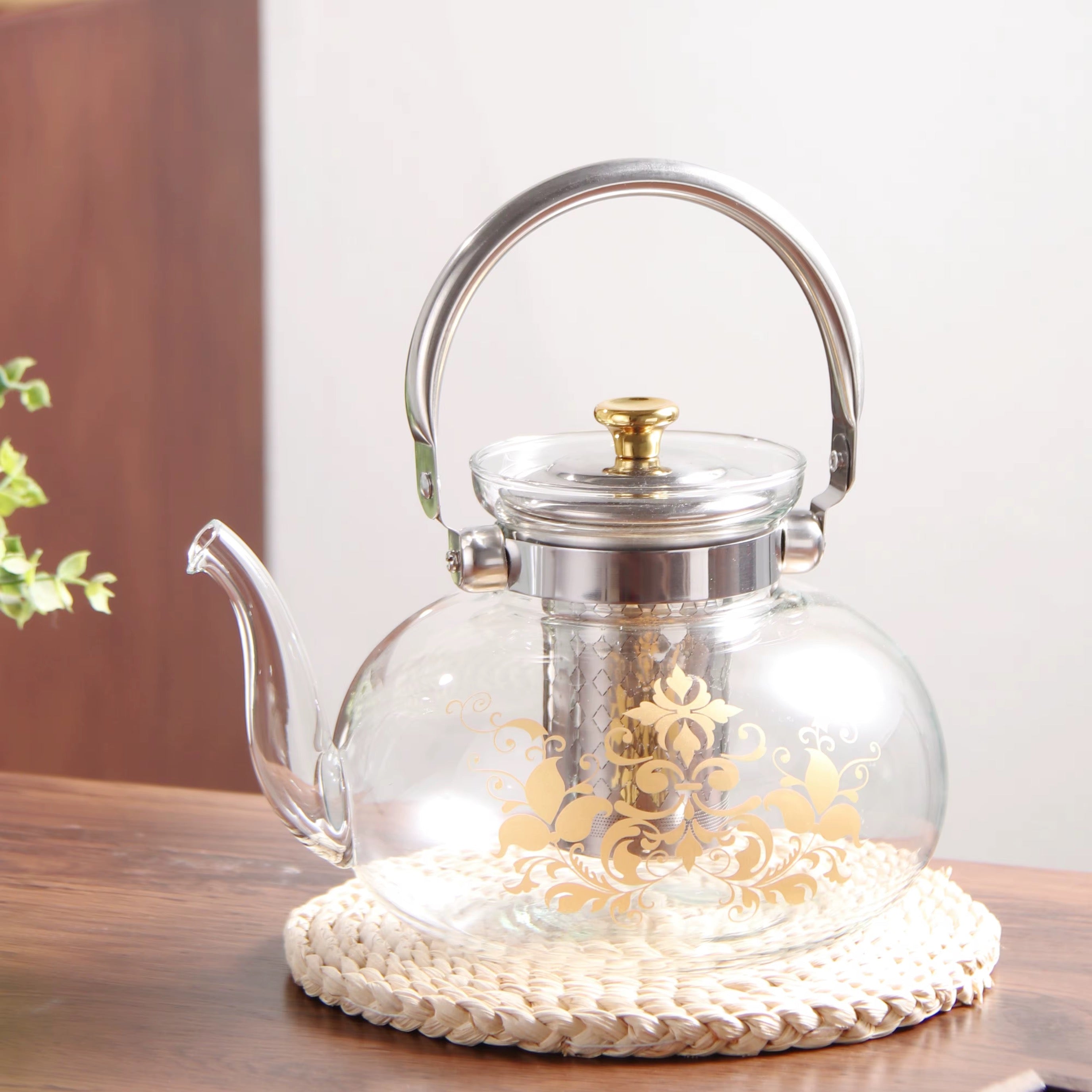 Heat Resistance Glass Teapot with Gold Floral Design & Stainless Steel Infuser