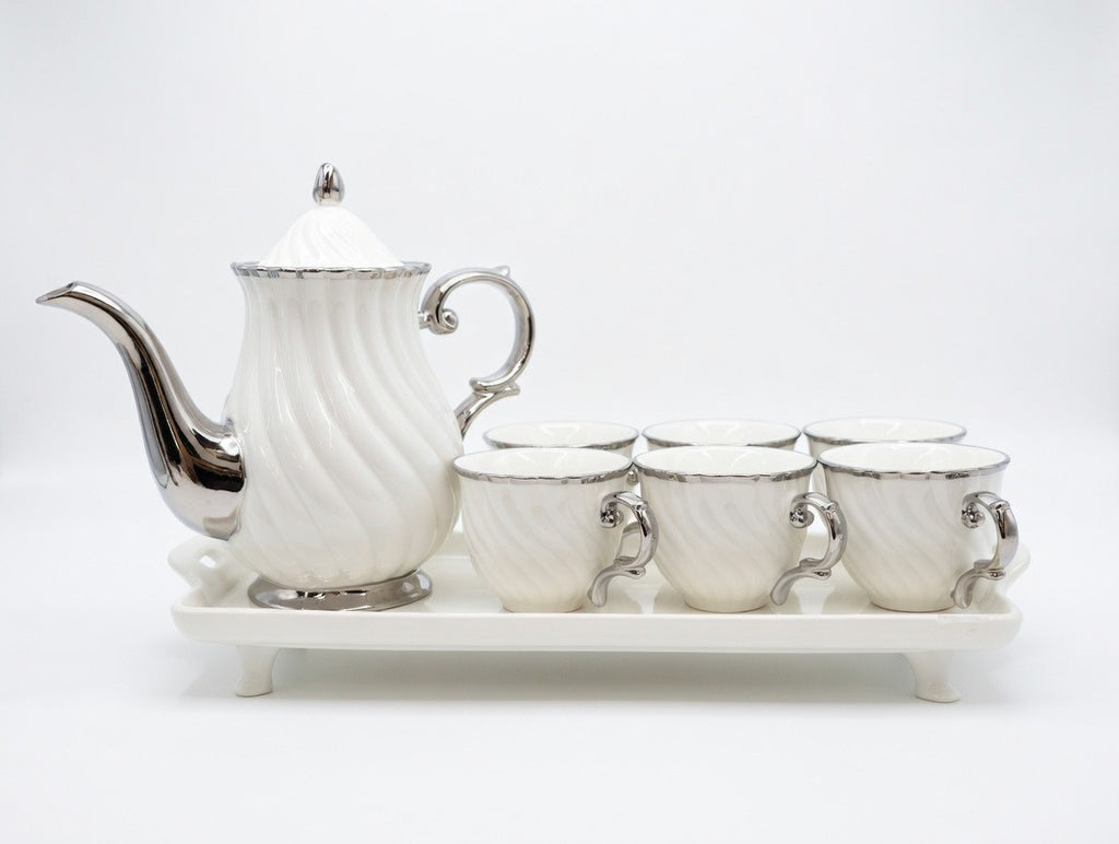 A39-1 8 Pieces White & Silver Tea/Coffee Set