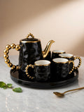 A39-12 Bold Black & Gold Bubble Handle Porcelain Tea Set – 7-Piece Luxury