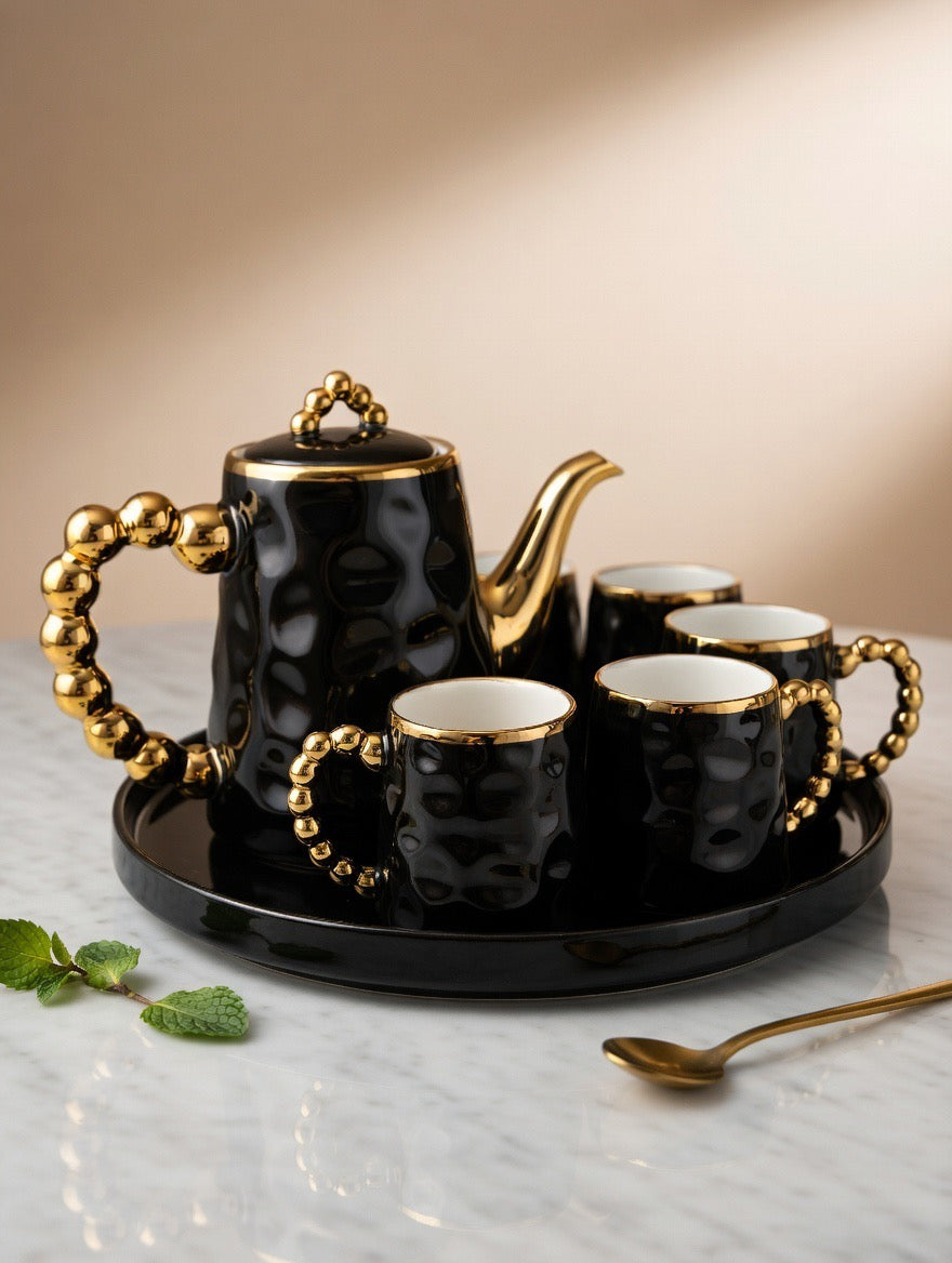 A39-12 Bold Black & Gold Bubble Handle Porcelain Tea Set – 7-Piece Luxury