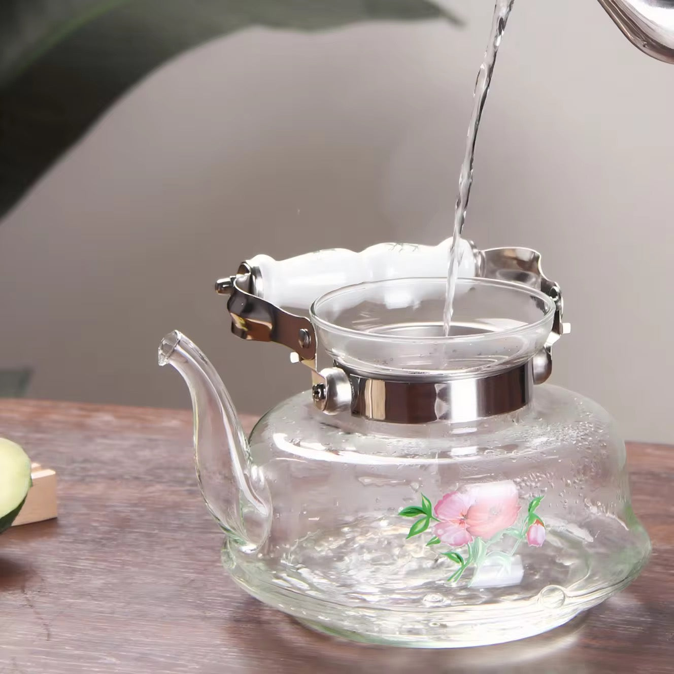 Floral Glass Teapot with Stainless Steel Infuser