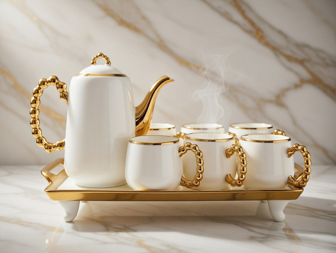 A39-4 White & Gold Tea/Coffee Set With Beads Handles
