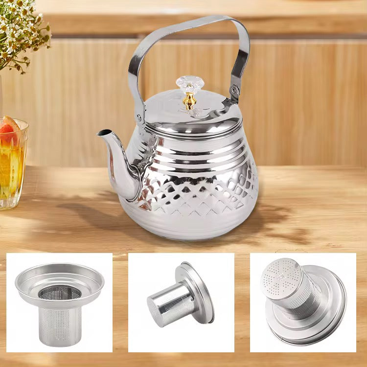 Stainless Steel Tea Kettle with Removable Infuser – Elegant Silver Embossed Teapot
