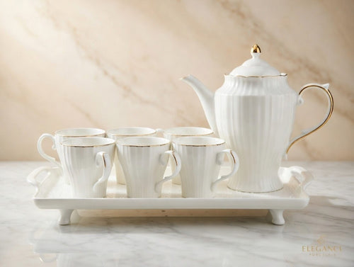 A39-10 Classic White & Gold Ribbed Porcelain Tea Set – 7-Piece Luxury