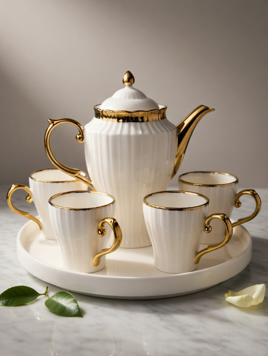 A43-3 Classic White & Gold Ribbed Porcelain Tea Set – 7-Piece Luxury Service