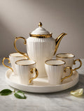 A43-3 Classic White & Gold Ribbed Porcelain Tea Set – 7-Piece Luxury Service