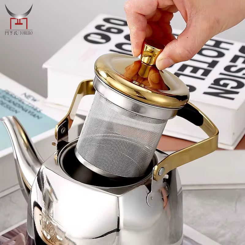 Stainless Steel Tea Kettle with Infuser – Gold or Chrome Finish with Gold Lid & Handle
