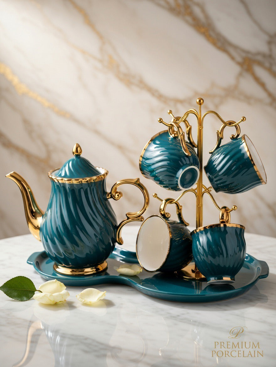 A39-15 Opulent Teal & Gold Swirl Porcelain Tea Set – 7-Piece with Tree Stand