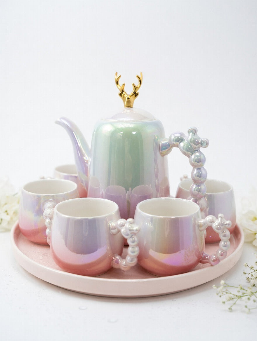 A39-9 Magical Iridescent Pearl & Gold Bubble Handle Tea Set – 7-Piece Fantasy Luxury