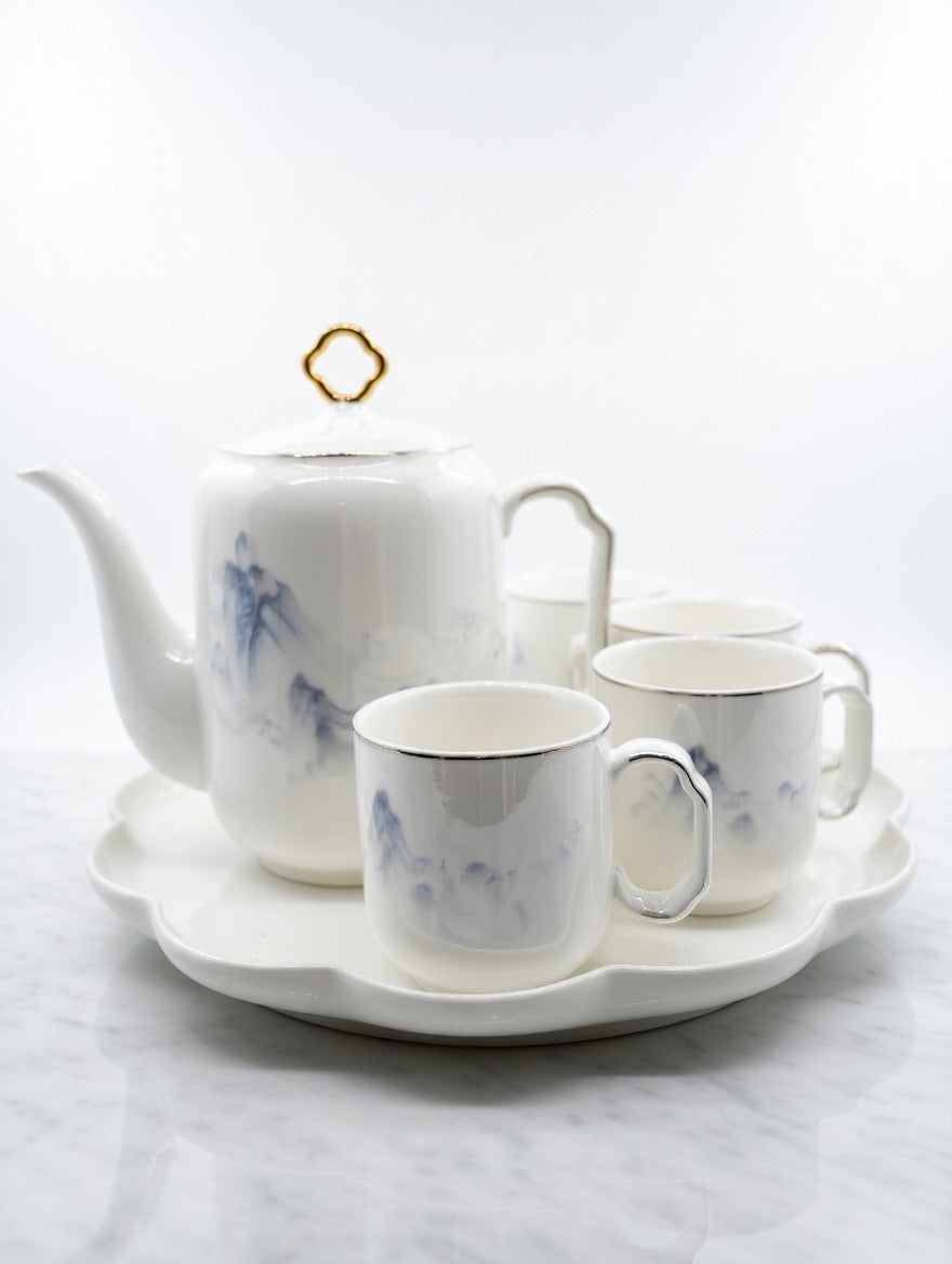 A39-14 Blue Mountain Ink Wash Porcelain Tea Set – 7-Piece Luxury with Tray