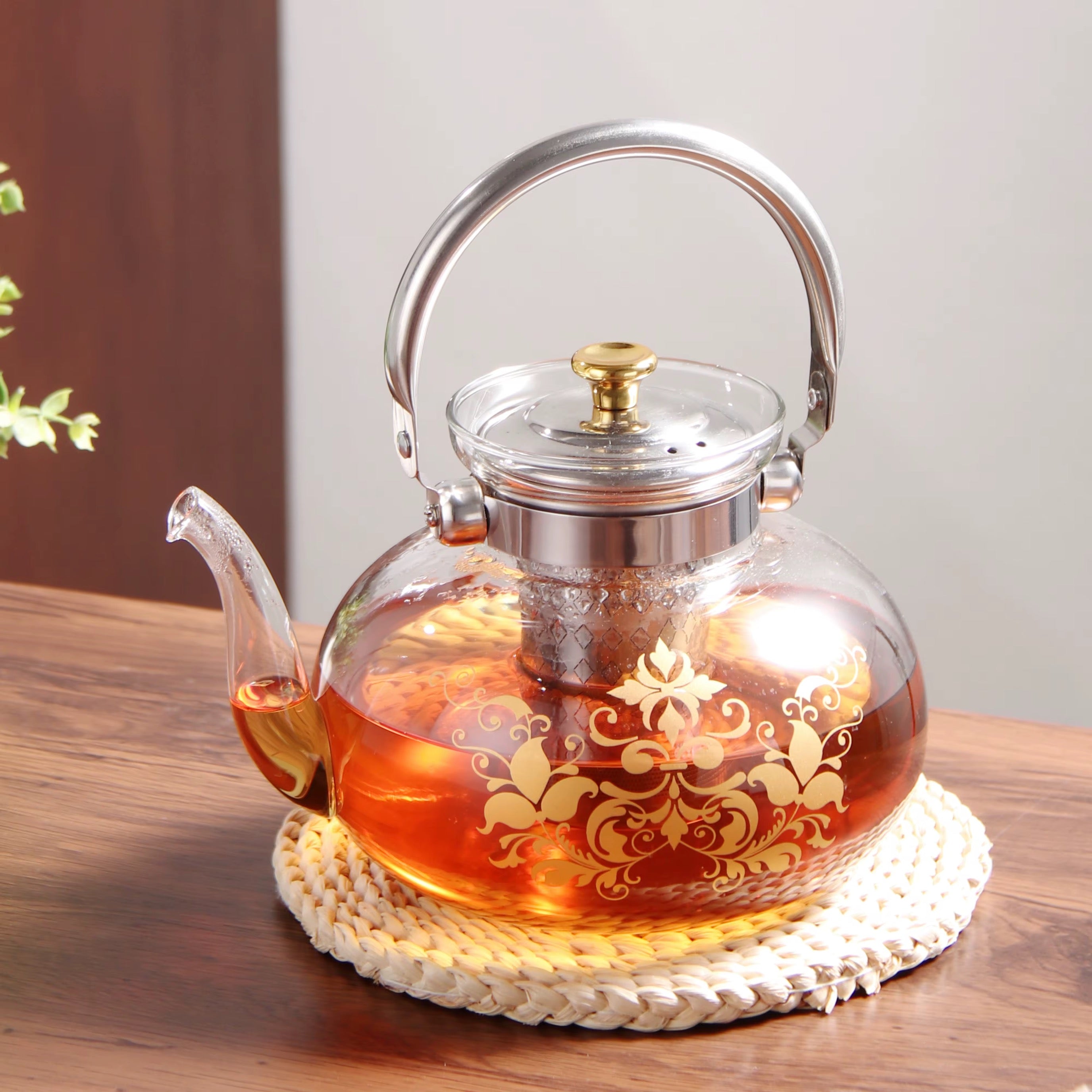 Heat Resistance Glass Teapot with Gold Floral Design & Stainless Steel Infuser