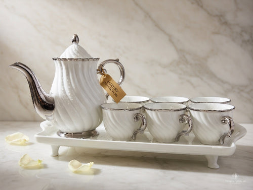 A39-1 8 Pieces White & Silver Tea/Coffee Set