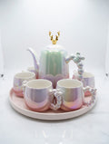 A39-9 Magical Iridescent Pearl & Gold Bubble Handle Tea Set – 7-Piece Fantasy Luxury