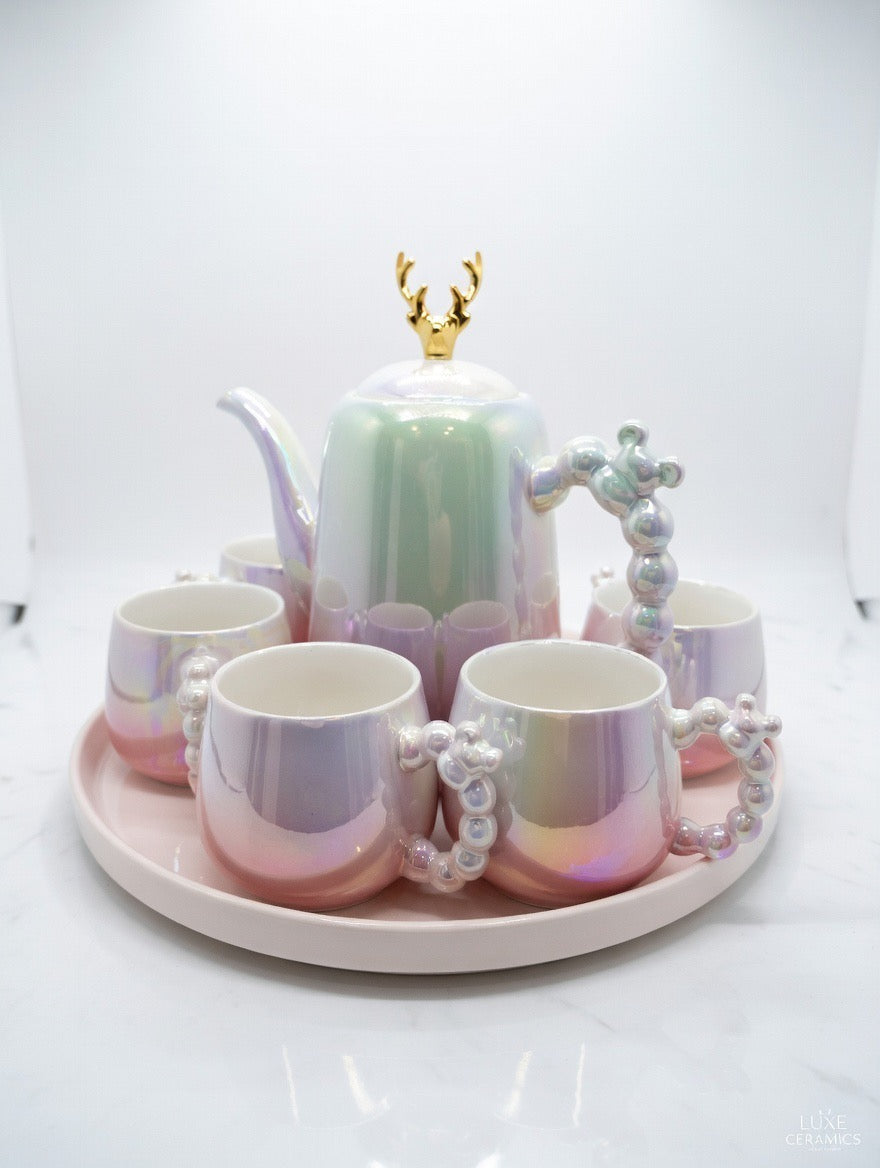 A39-9 Magical Iridescent Pearl & Gold Bubble Handle Tea Set – 7-Piece Fantasy Luxury