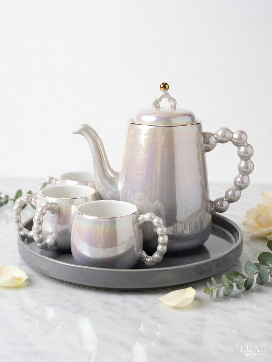 A39-11 Iridescent Pearl Grey & Gold Bubble Handle Tea Set – 7-Piece Luxury
