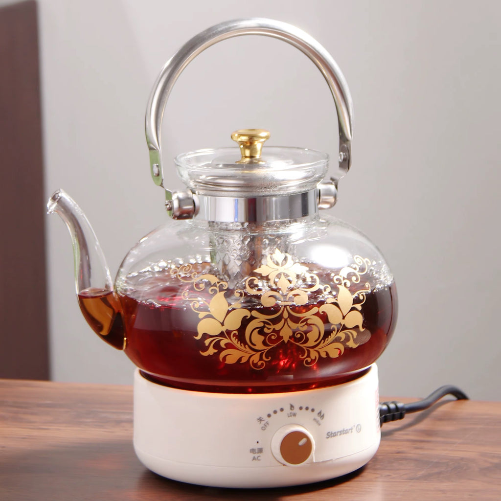 Heat Resistance Glass Teapot with Gold Floral Design & Stainless Steel Infuser
