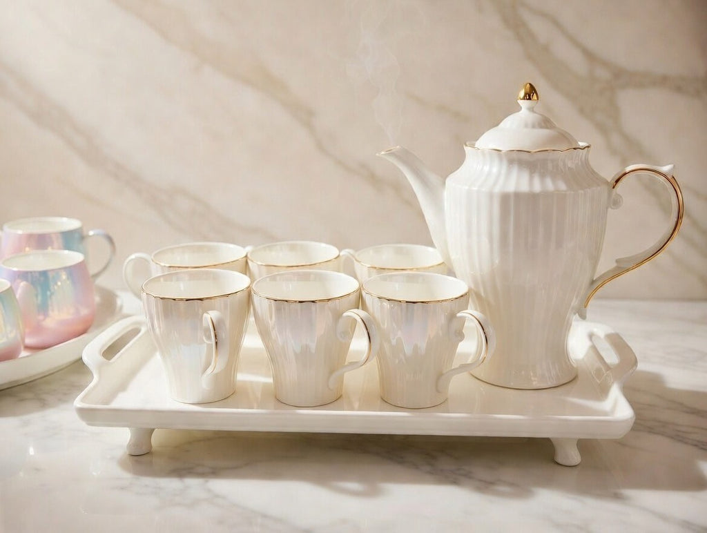 A39-10 Classic White & Gold Ribbed Porcelain Tea Set – 7-Piece Luxury