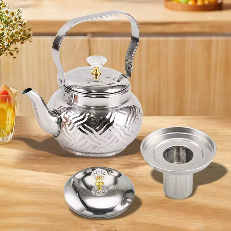 Stainless Steel Woven Design Teapot with Removable Infuser – Polished Silver Tea Kettle