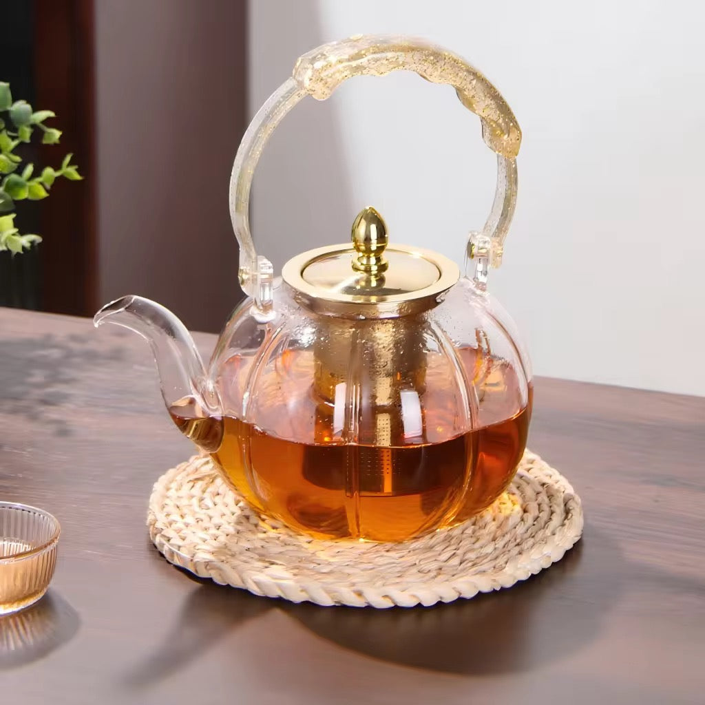 Luxury Glass Teapot with Gold Stainless Steel Infuser & Decorative Handle