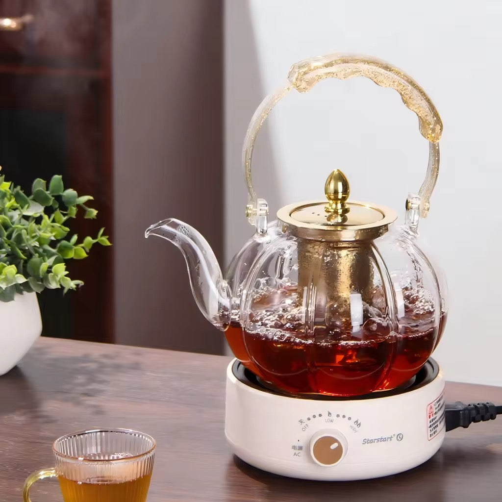 Luxury Glass Teapot with Gold Stainless Steel Infuser & Decorative Handle