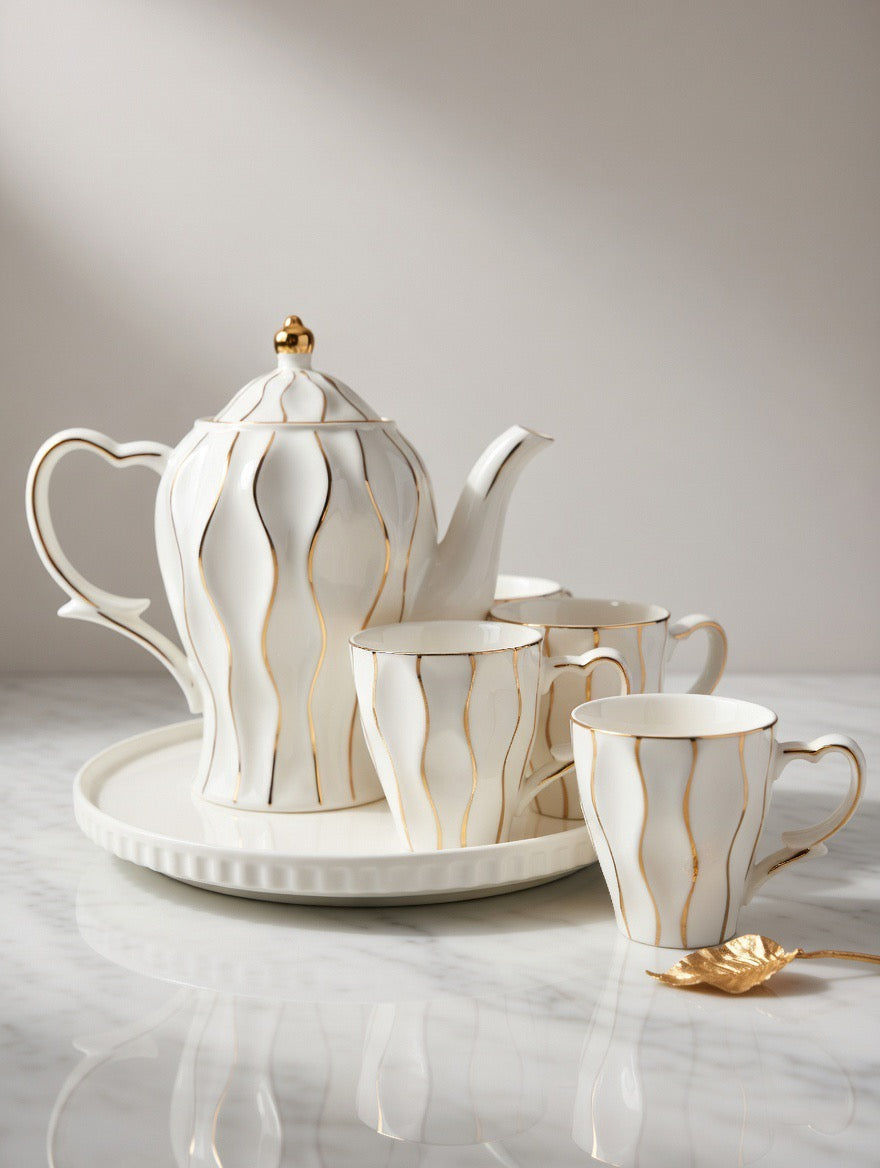 A39-7 Elegant White & Gold Wave Porcelain Tea Set – 7-Piece Luxury Service