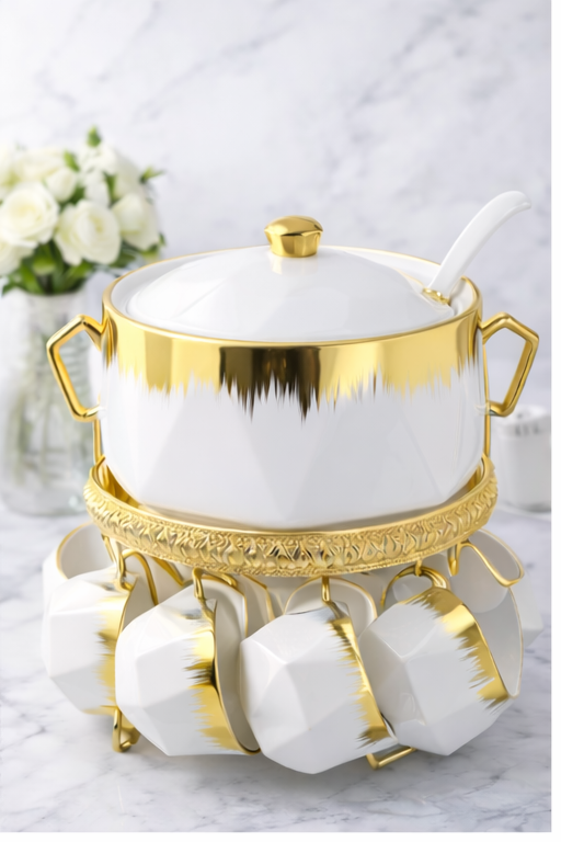 15 PIECES WITH METAL STAND SOUP SET WHITE & GOLD