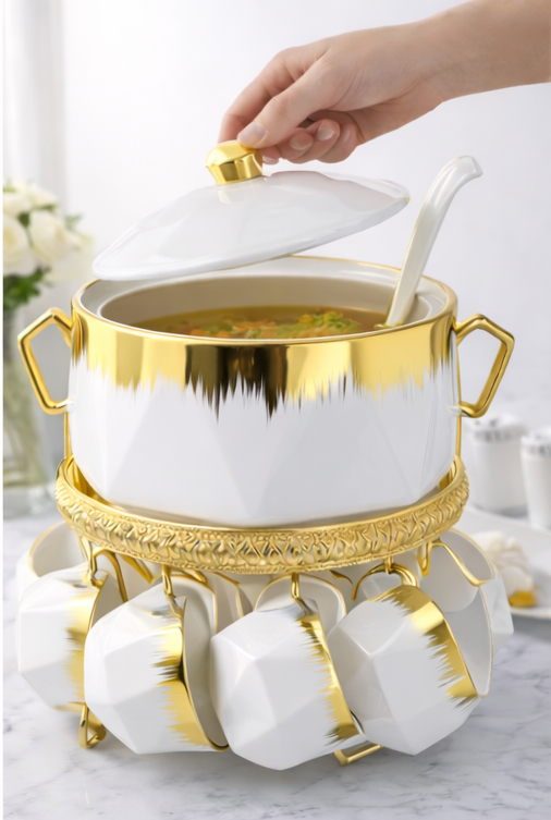 15 PIECES WITH METAL STAND SOUP SET WHITE & GOLD