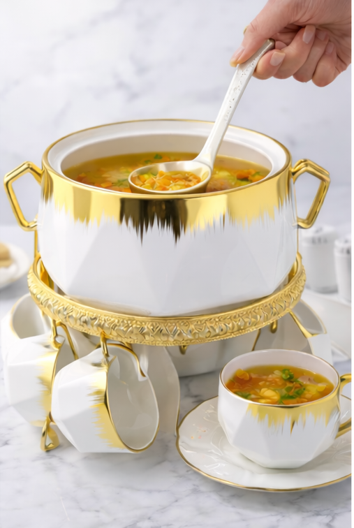 15 PIECES WITH METAL STAND SOUP SET WHITE & GOLD