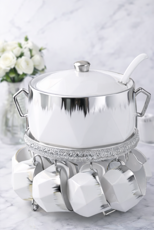 15 PIECES WITH METAL STAND SOUP SET WHITE & SILVER