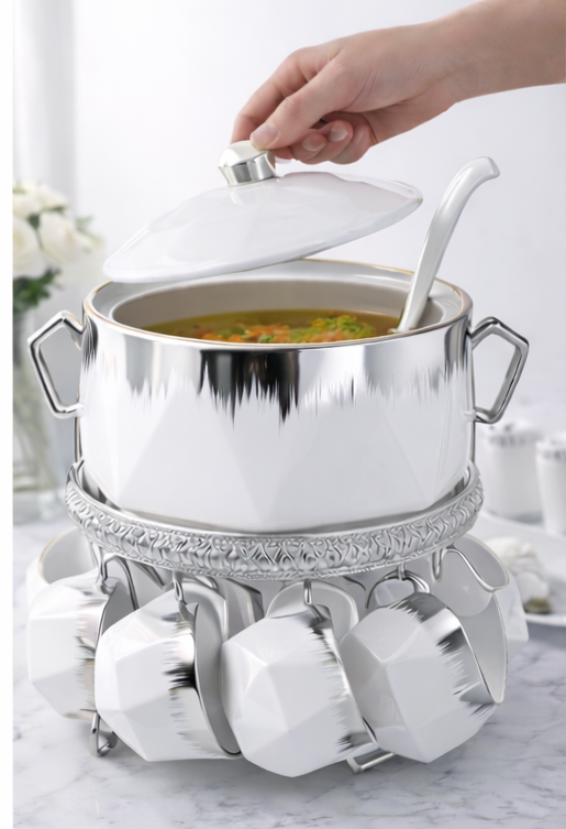 15 PIECES WITH METAL STAND SOUP SET WHITE & SILVER