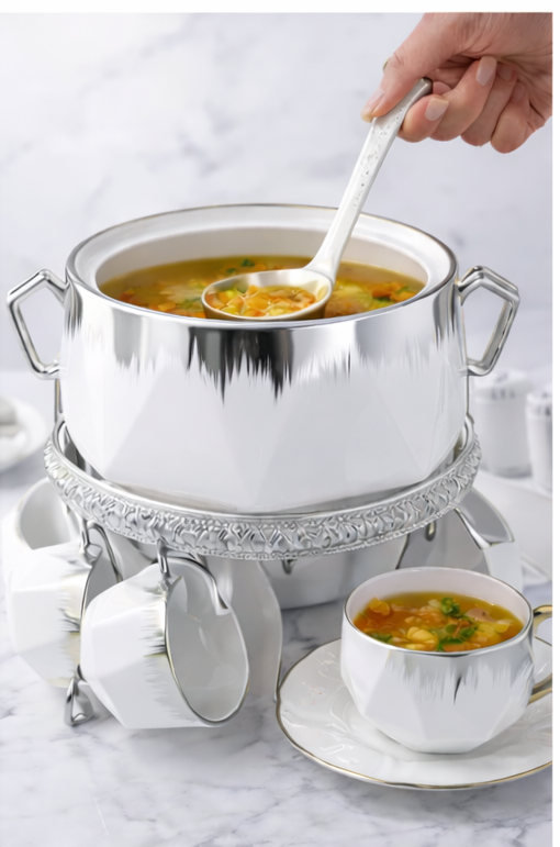 15 PIECES WITH METAL STAND SOUP SET WHITE & SILVER