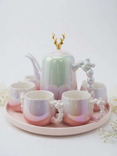 A39-9 Magical Iridescent Pearl & Gold Bubble Handle Tea Set – 7-Piece Fantasy Luxury