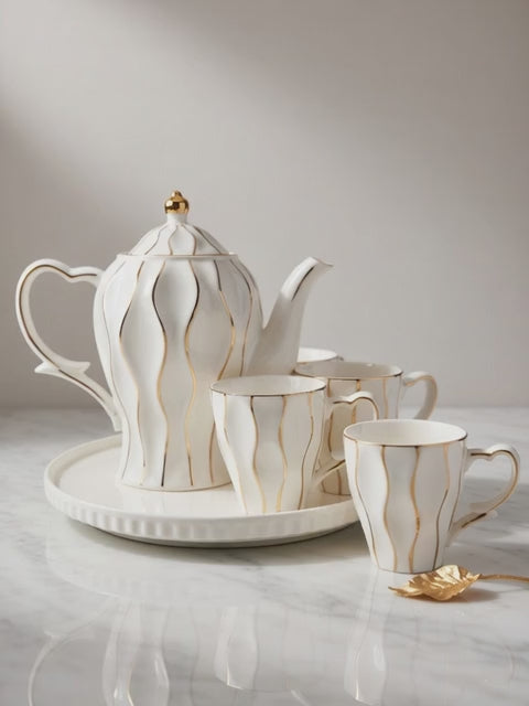 A39-7 Elegant White & Gold Wave Porcelain Tea Set – 7-Piece Luxury Service