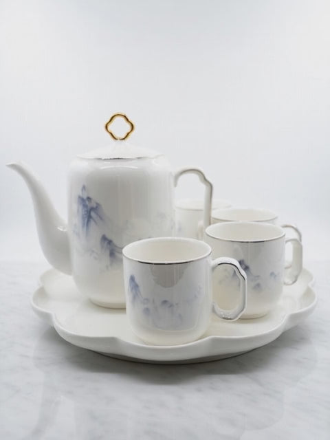 A39-14 Blue Mountain Ink Wash Porcelain Tea Set – 7-Piece Luxury with Tray