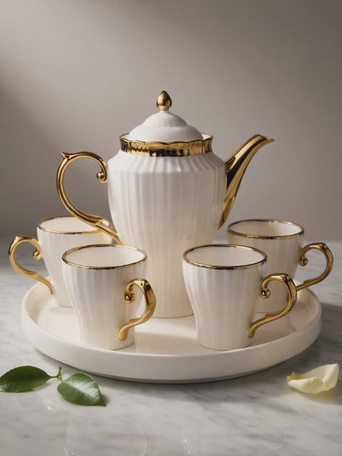 A43-3 Classic White & Gold Ribbed Porcelain Tea Set – 7-Piece Luxury Service