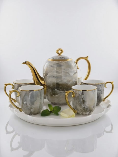 A39-5 Luxury Marble-Effect White & Gold Porcelain Tea Set – 7-Piece with Tray